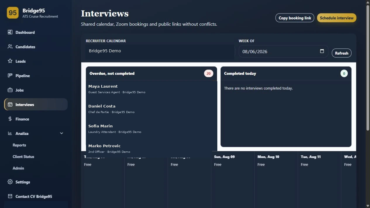 Bridge95 interview calendar with booking links and scheduled candidate interviews